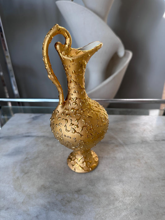 Vintage Weeping Bright Gold Bud Vase Ewer Pitcher 22K Gold Hollywood Regency MCM Textured Gold Ceramic Vase 8.5 Inch