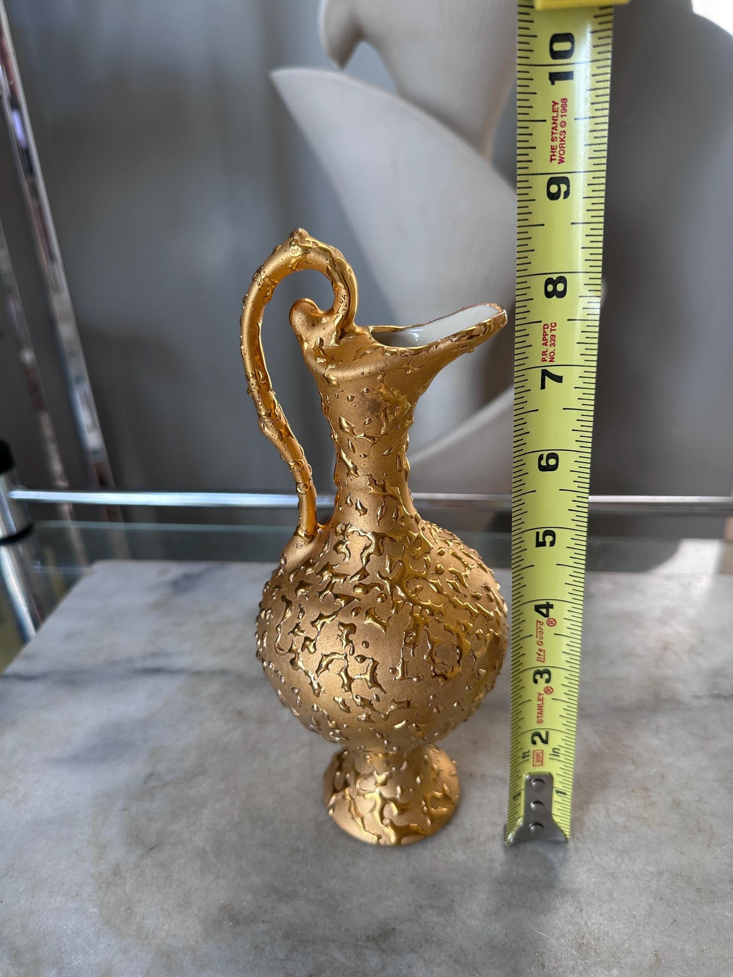 Vintage Weeping Bright Gold Bud Vase Ewer Pitcher 22K Gold Hollywood Regency MCM Textured Gold Ceramic Vase 8.5 Inch