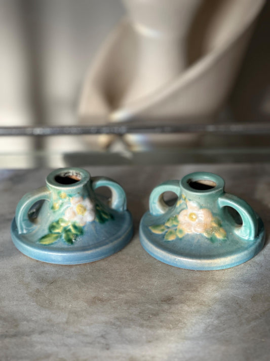 Vintage 1940s Roseville Pottery Clematis Candlestick Holders Set of 2 | Art Deco Era Ceramic Candle Holders | MCM Cottage Decor