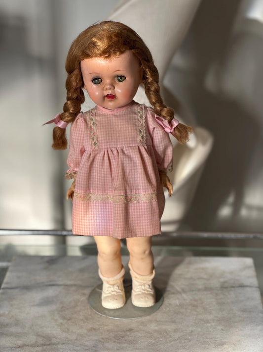 Vintage 1950s Ideal Saucy Walker Doll 17” Brown Braided Pigtails Flirty Sleepy Eyes