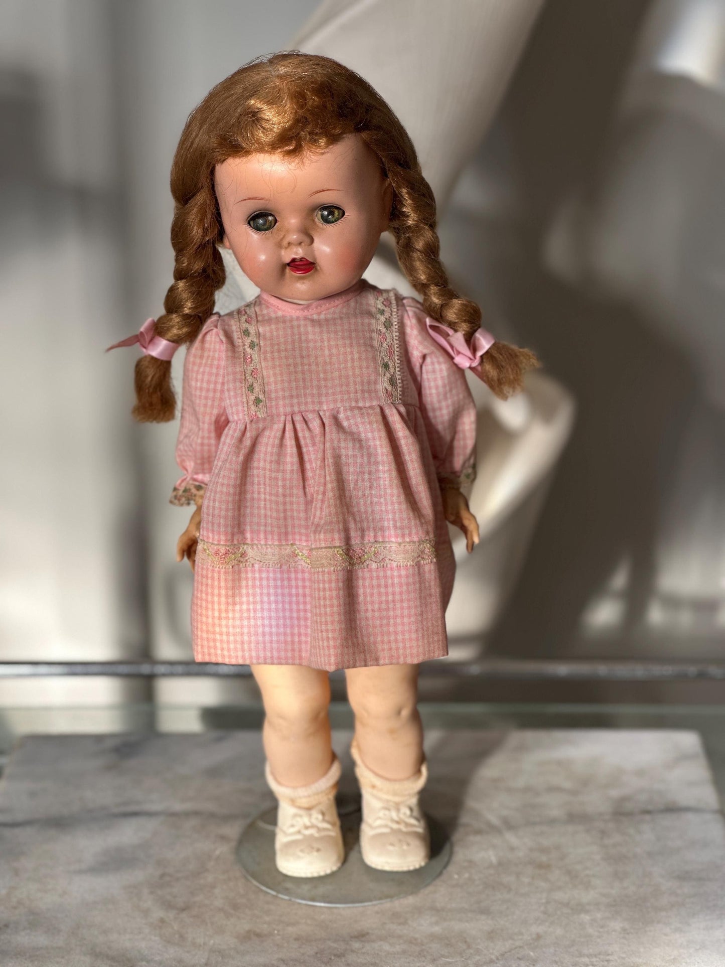 Vintage 1950s Ideal Saucy Walker Doll 17” Brown Braided Pigtails Flirty Sleepy Eyes