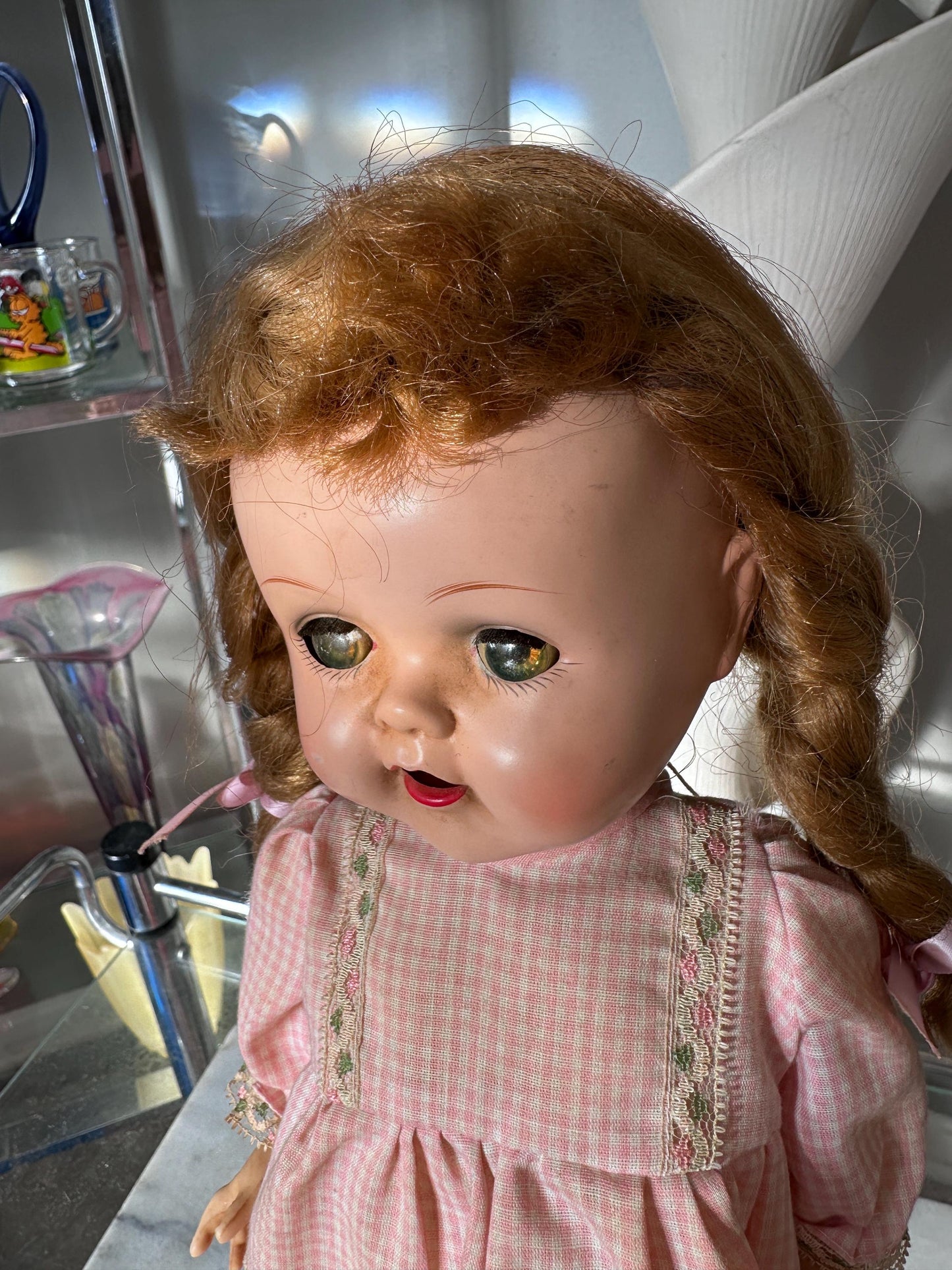 Vintage 1950s Ideal Saucy Walker Doll 17” Brown Braided Pigtails Flirty Sleepy Eyes