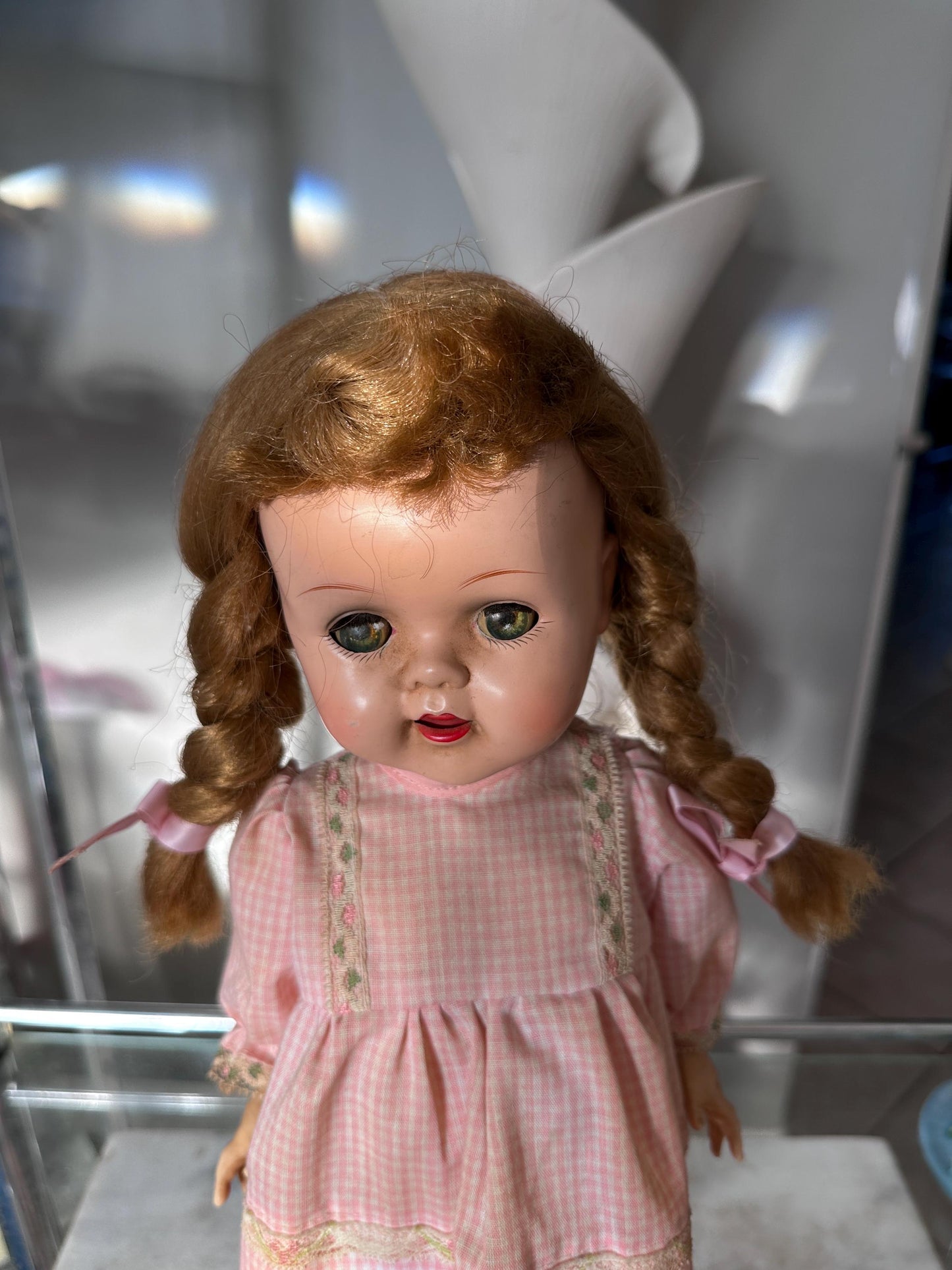 Vintage 1950s Ideal Saucy Walker Doll 17” Brown Braided Pigtails Flirty Sleepy Eyes