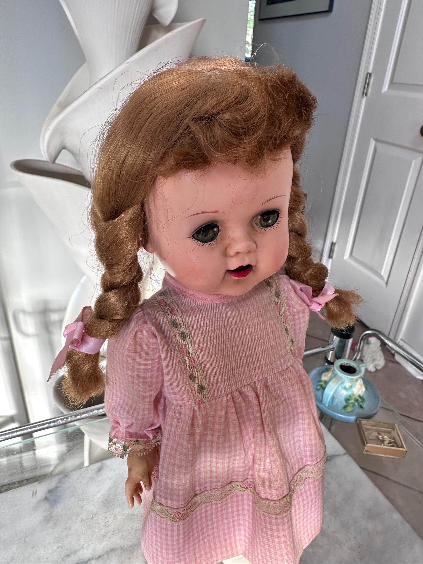 Vintage 1950s Ideal Saucy Walker Doll 17” Brown Braided Pigtails Flirty Sleepy Eyes