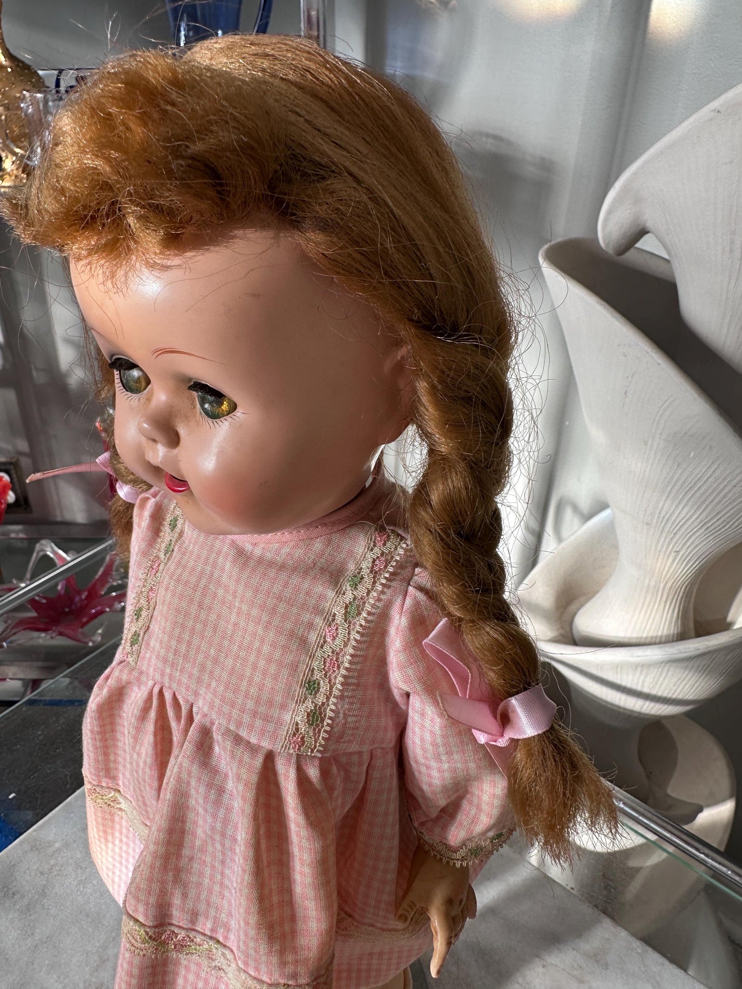 Vintage 1950s Ideal Saucy Walker Doll 17” Brown Braided Pigtails Flirty Sleepy Eyes