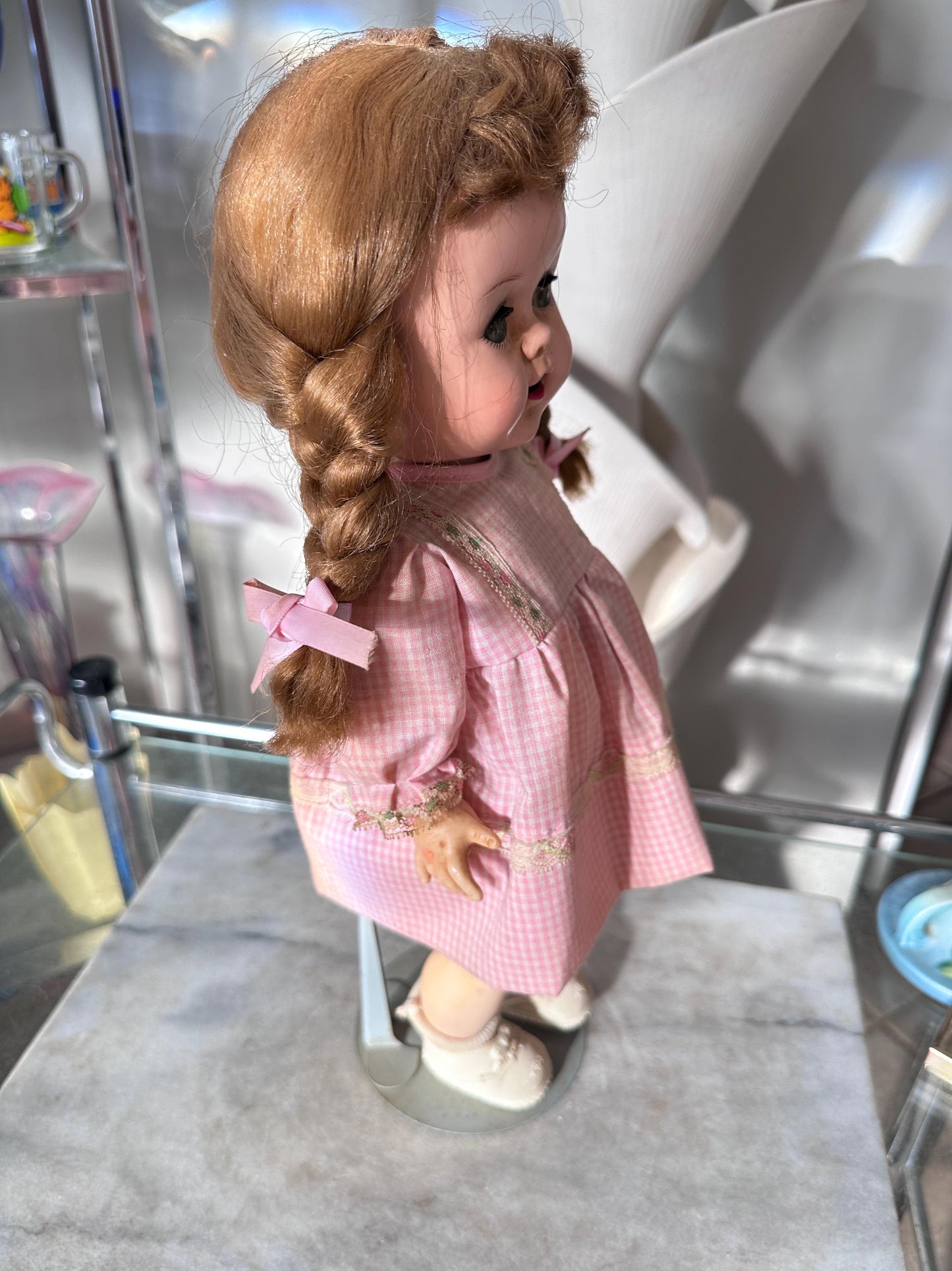 Vintage 1950s Ideal Saucy Walker Doll 17” Brown Braided Pigtails Flirty Sleepy Eyes