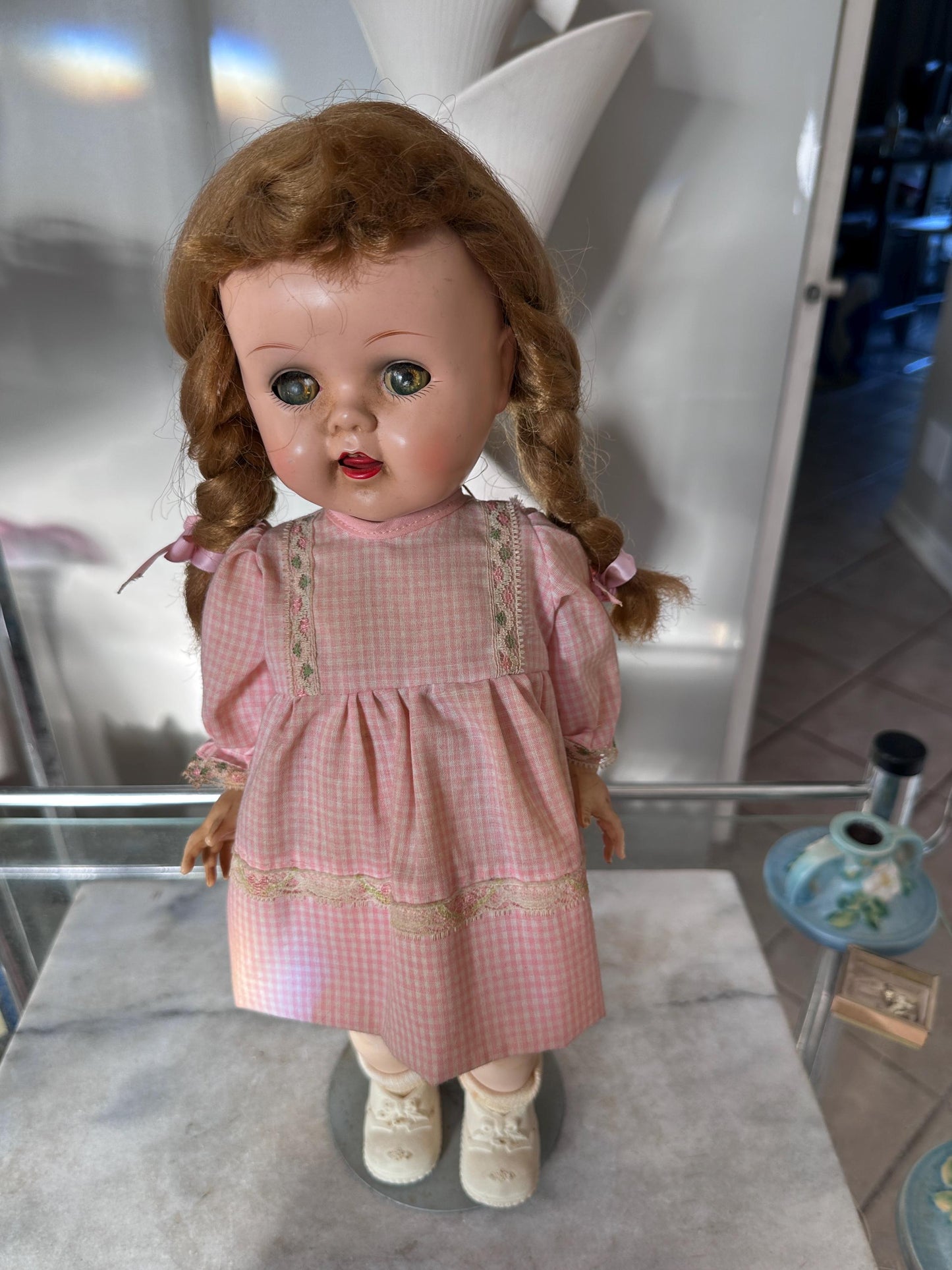 Vintage 1950s Ideal Saucy Walker Doll 17” Brown Braided Pigtails Flirty Sleepy Eyes