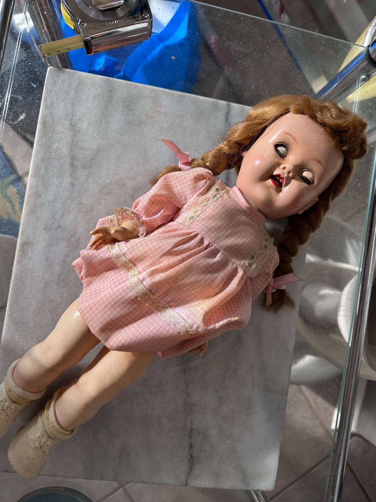 Vintage 1950s Ideal Saucy Walker Doll 17” Brown Braided Pigtails Flirty Sleepy Eyes