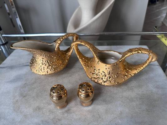 Vintage Weeping Gold Creamer Sugar Bowl Set 22K Gold Hand Decorated Porcelain Japan Salt Pepper Shakers Mid Century Hollywood Regency