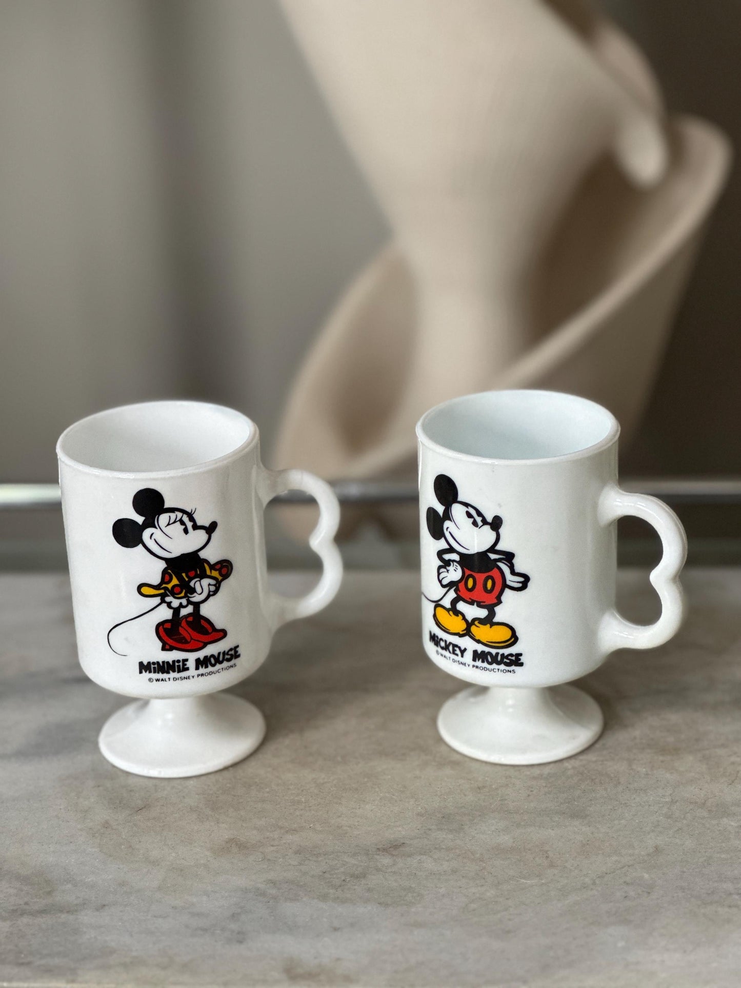 Vintage Mickey Minnie Mouse Mug Set of 2 White Milk Glass Footed Walt Disney Productions Cups