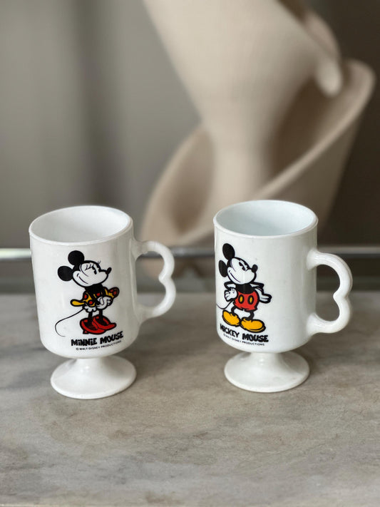 Vintage Mickey Minnie Mouse Mug Set of 2 White Milk Glass Footed Walt Disney Productions Cups