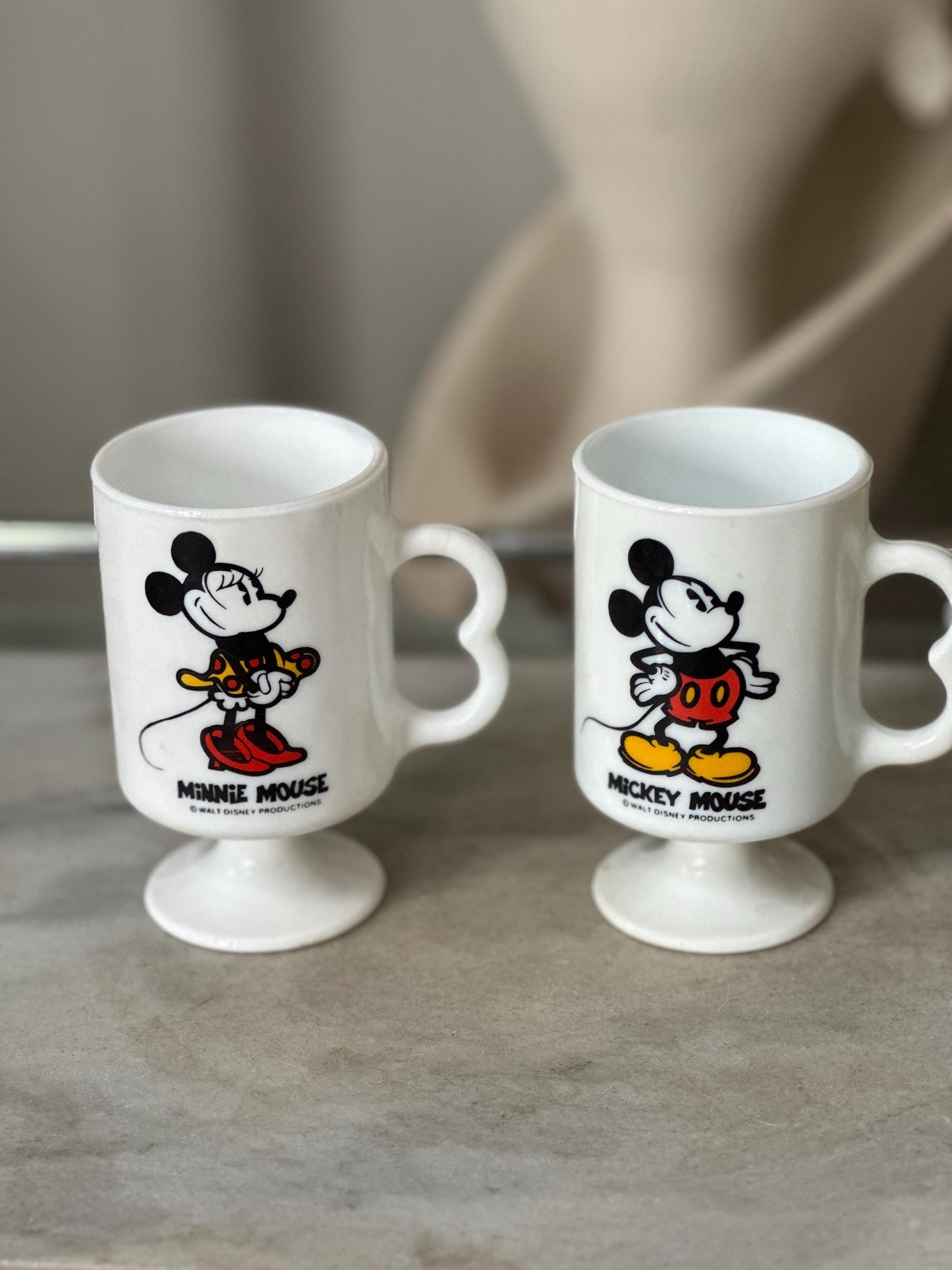 Vintage Mickey Minnie Mouse Mug Set of 2 White Milk Glass Footed Walt Disney Productions Cups