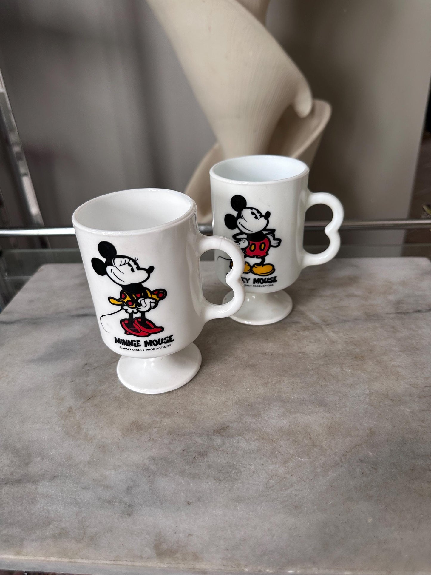 Vintage Mickey Minnie Mouse Mug Set of 2 White Milk Glass Footed Walt Disney Productions Cups
