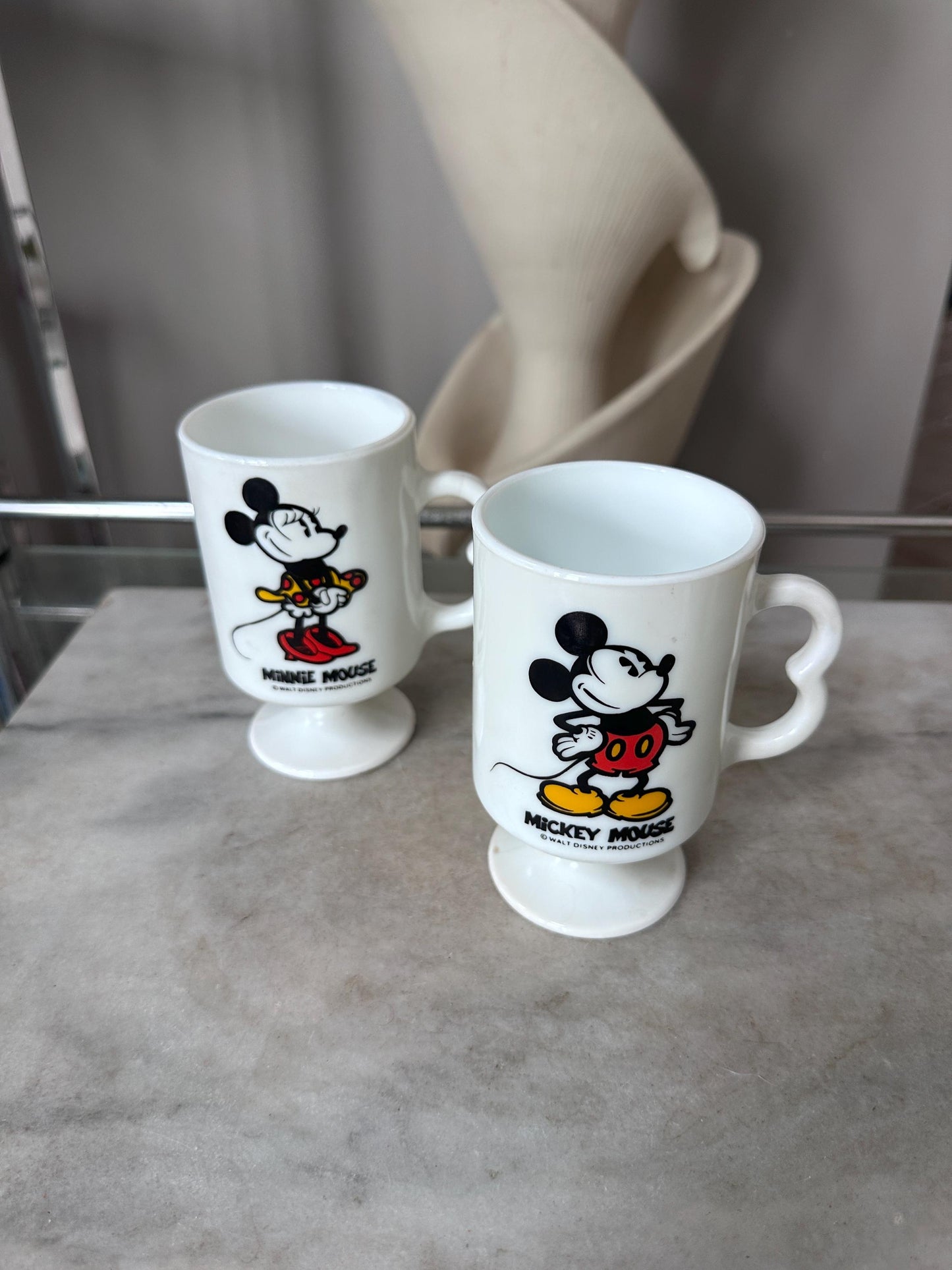 Vintage Mickey Minnie Mouse Mug Set of 2 White Milk Glass Footed Walt Disney Productions Cups