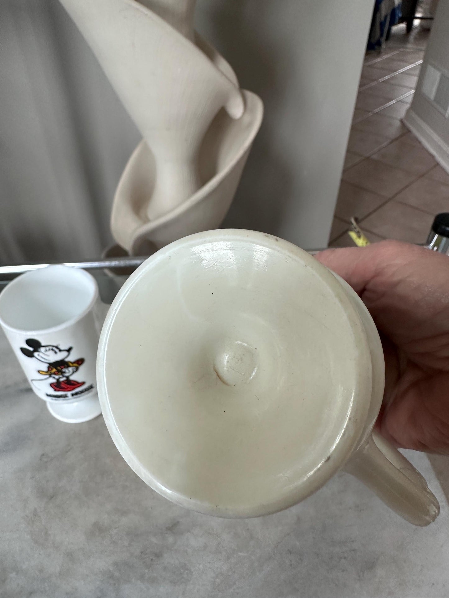 Vintage Mickey Minnie Mouse Mug Set of 2 White Milk Glass Footed Walt Disney Productions Cups