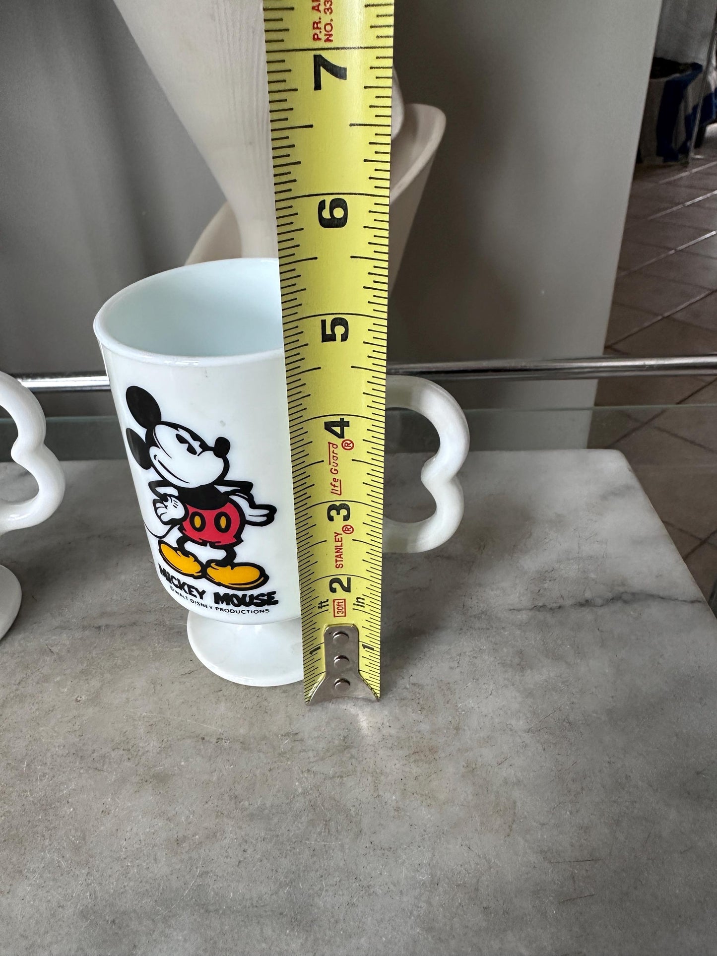 Vintage Mickey Minnie Mouse Mug Set of 2 White Milk Glass Footed Walt Disney Productions Cups