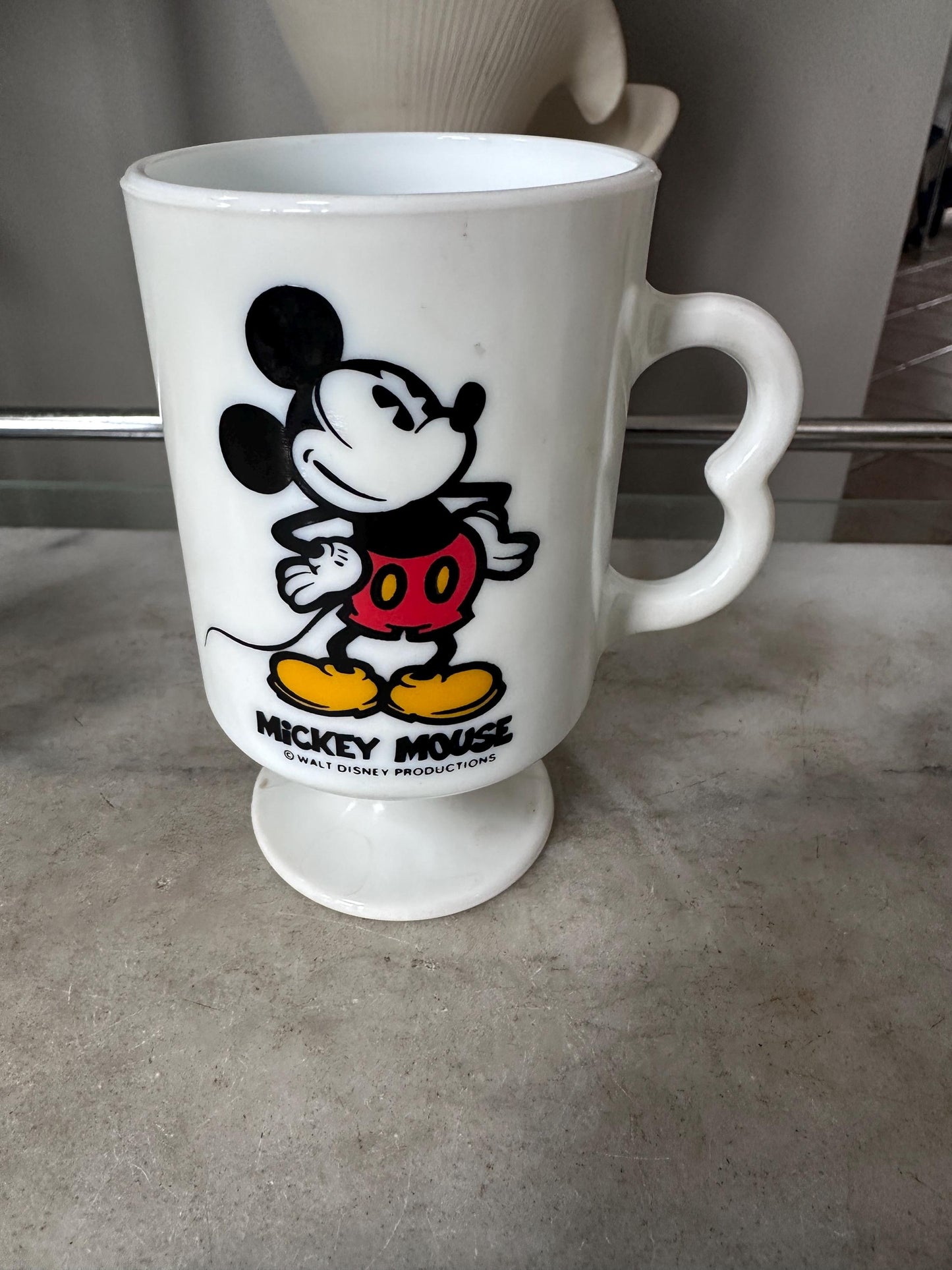 Vintage Mickey Minnie Mouse Mug Set of 2 White Milk Glass Footed Walt Disney Productions Cups