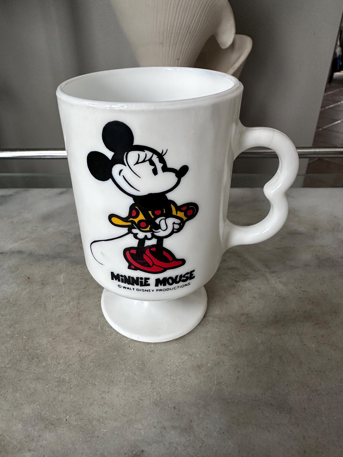 Vintage Mickey Minnie Mouse Mug Set of 2 White Milk Glass Footed Walt Disney Productions Cups
