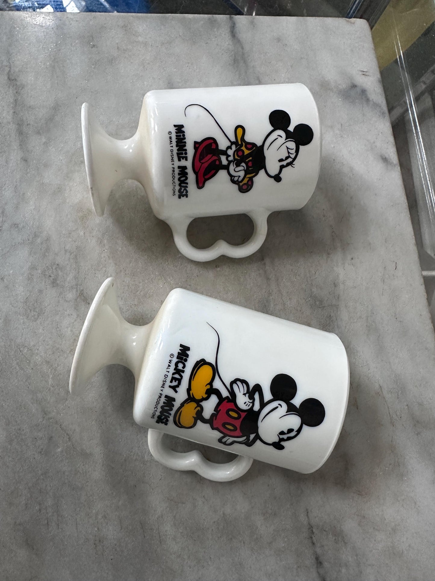 Vintage Mickey Minnie Mouse Mug Set of 2 White Milk Glass Footed Walt Disney Productions Cups