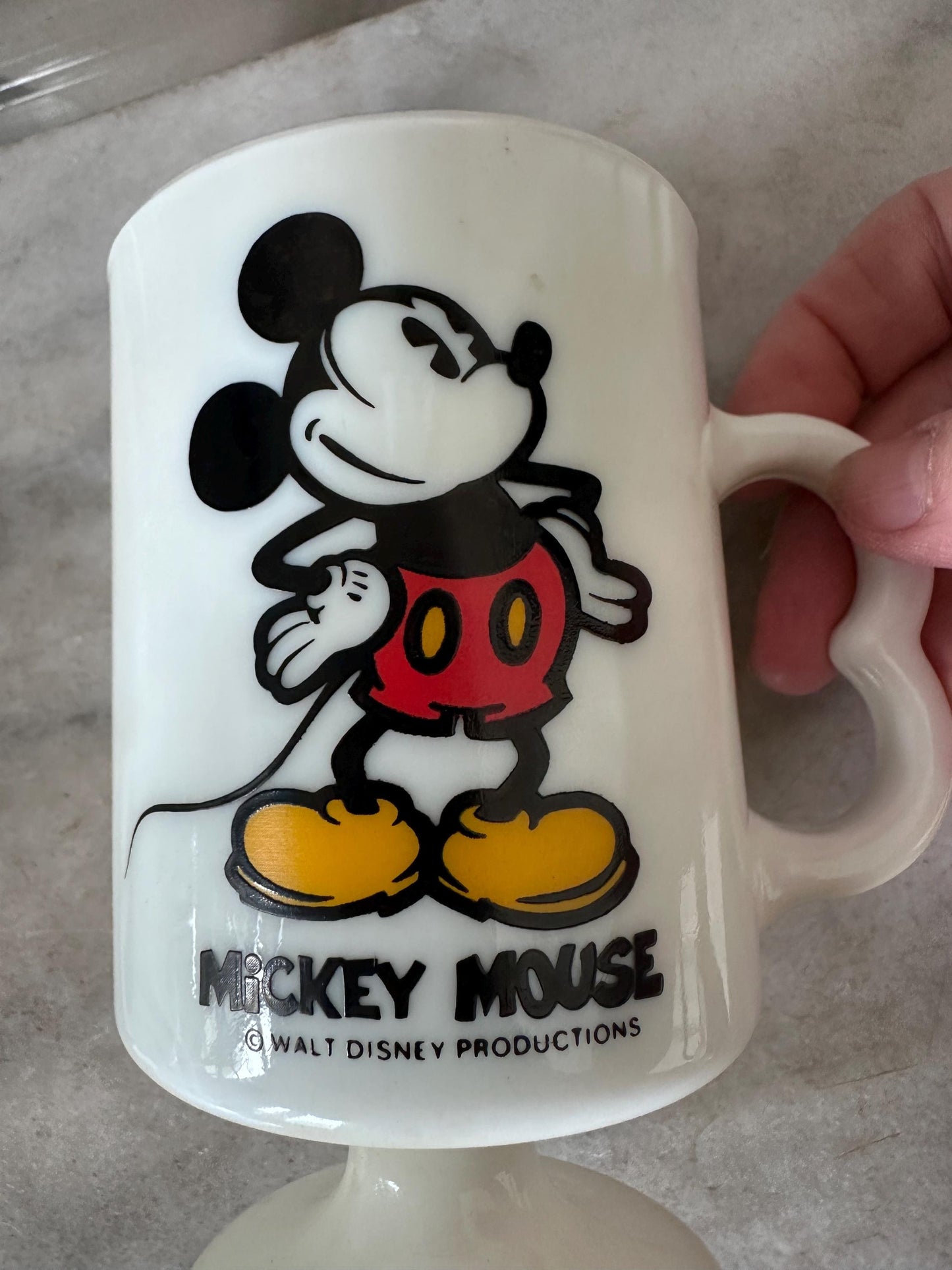 Vintage Mickey Minnie Mouse Mug Set of 2 White Milk Glass Footed Walt Disney Productions Cups