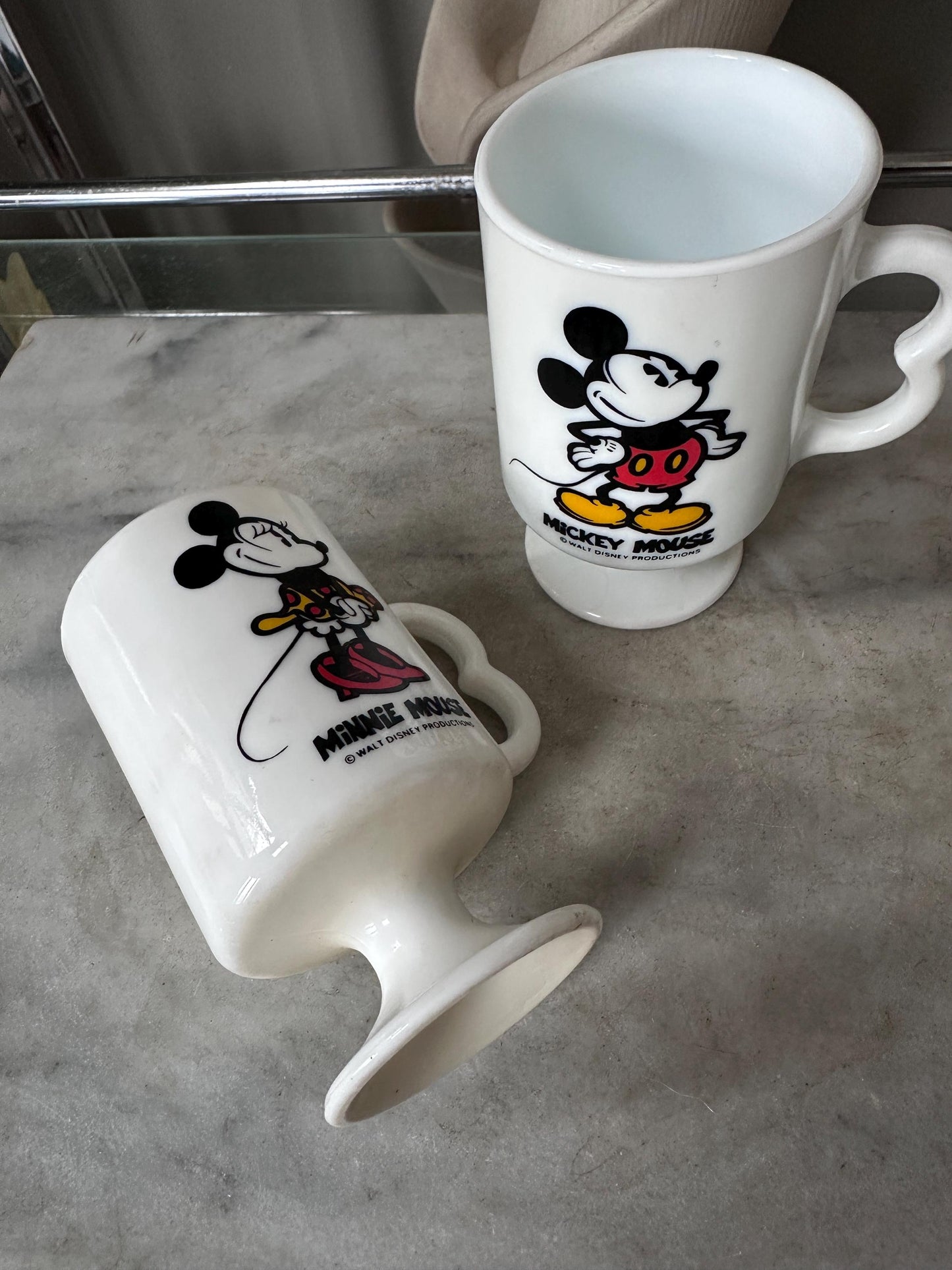 Vintage Mickey Minnie Mouse Mug Set of 2 White Milk Glass Footed Walt Disney Productions Cups