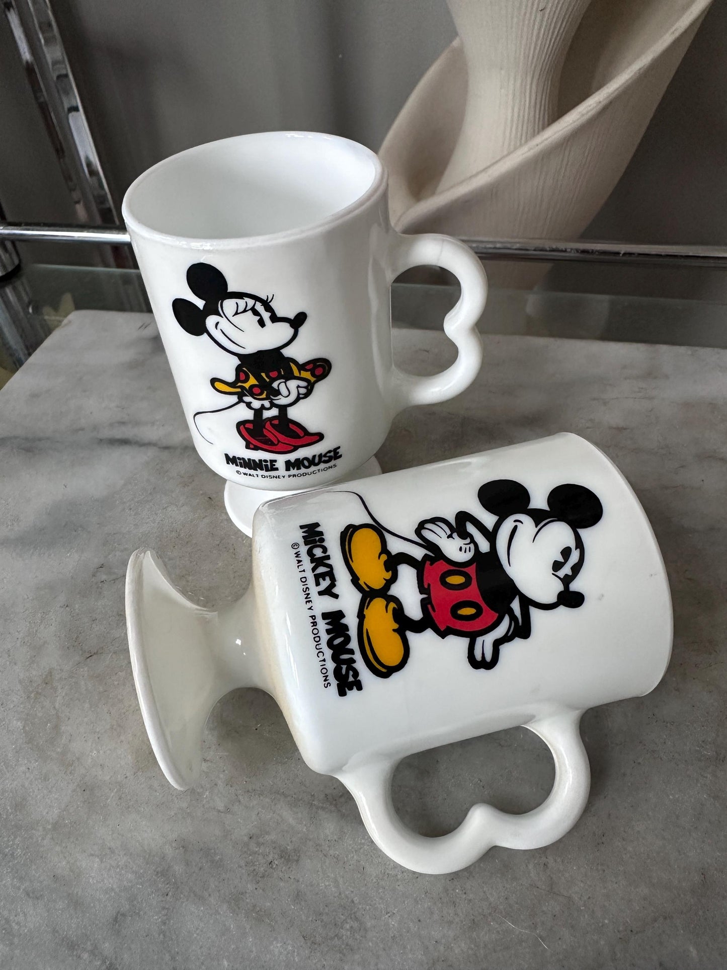 Vintage Mickey Minnie Mouse Mug Set of 2 White Milk Glass Footed Walt Disney Productions Cups