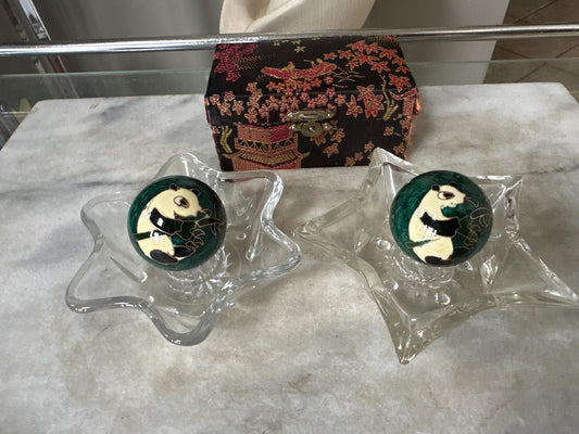 Vintage Panda Baoding Balls with Brocade Box - Chinese Stress Relief