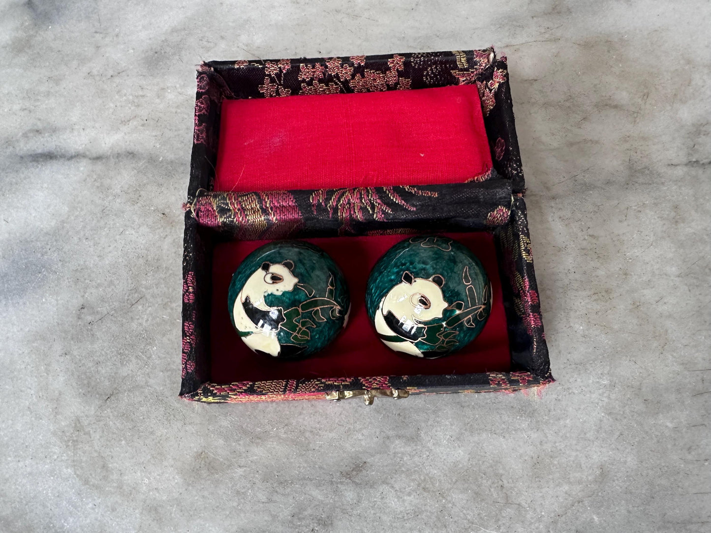 Vintage Panda Baoding Balls with Brocade Box - Chinese Stress Relief