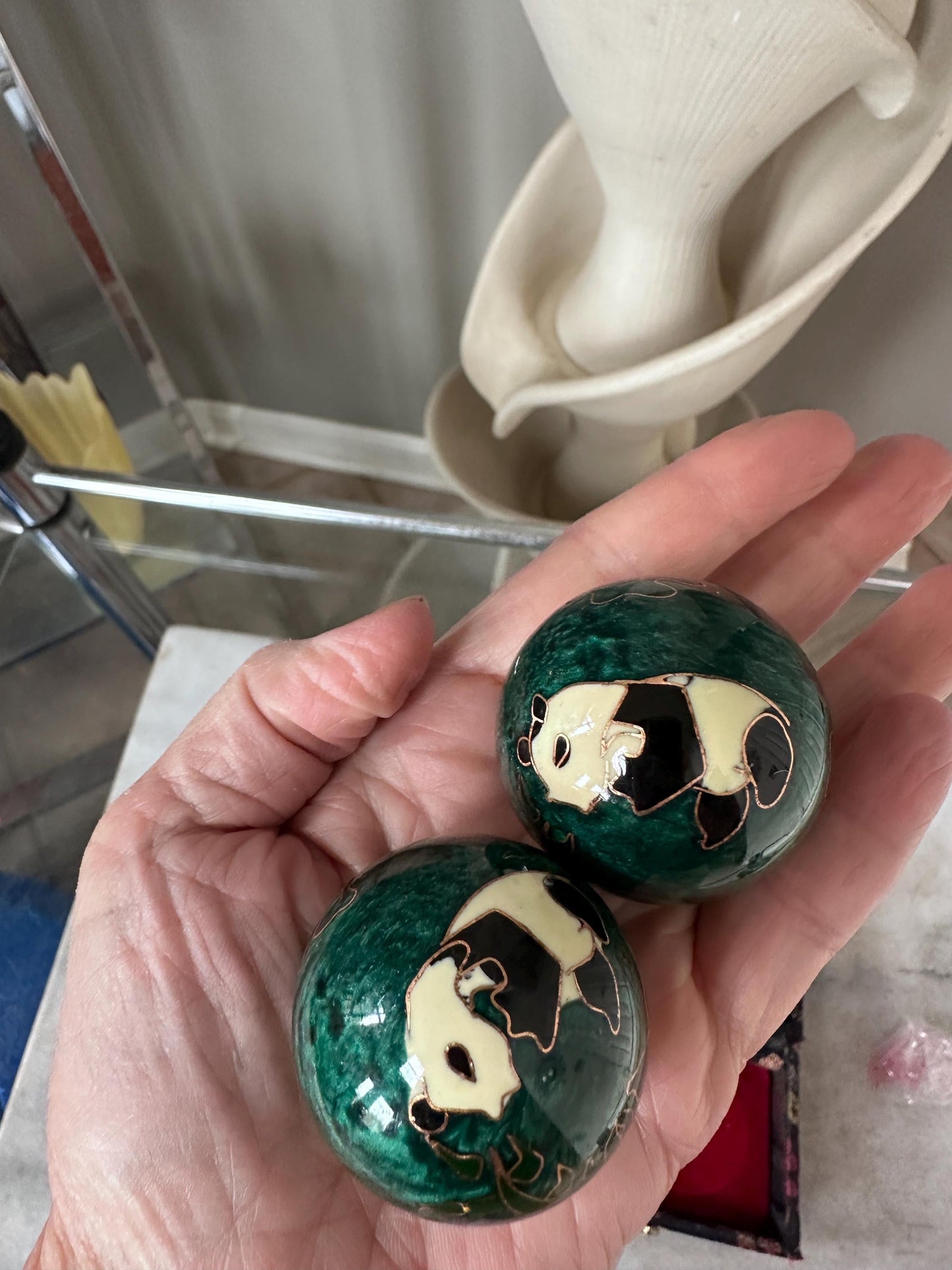 Vintage Panda Baoding Balls with Brocade Box - Chinese Stress Relief