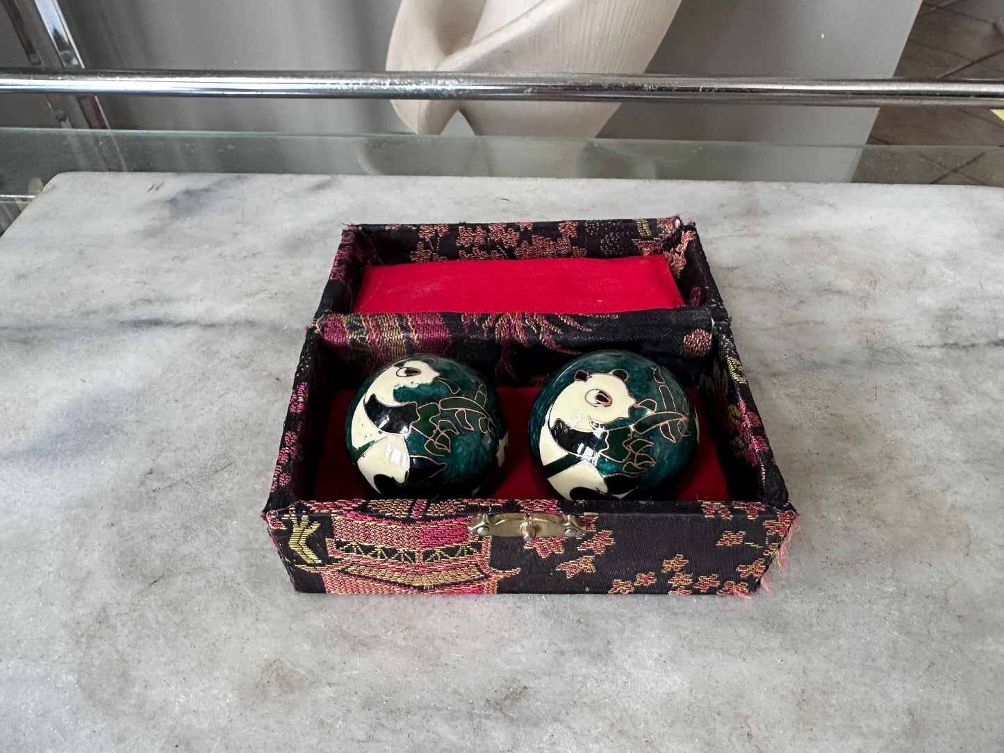 Vintage Panda Baoding Balls with Brocade Box - Chinese Stress Relief