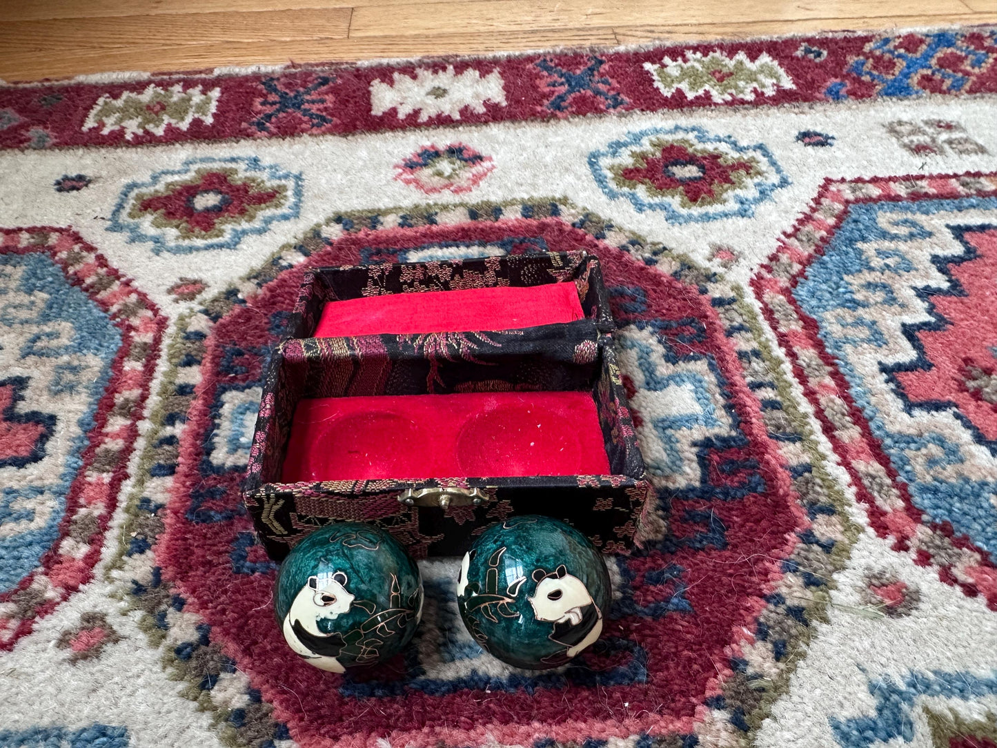 Vintage Panda Baoding Balls with Brocade Box - Chinese Stress Relief