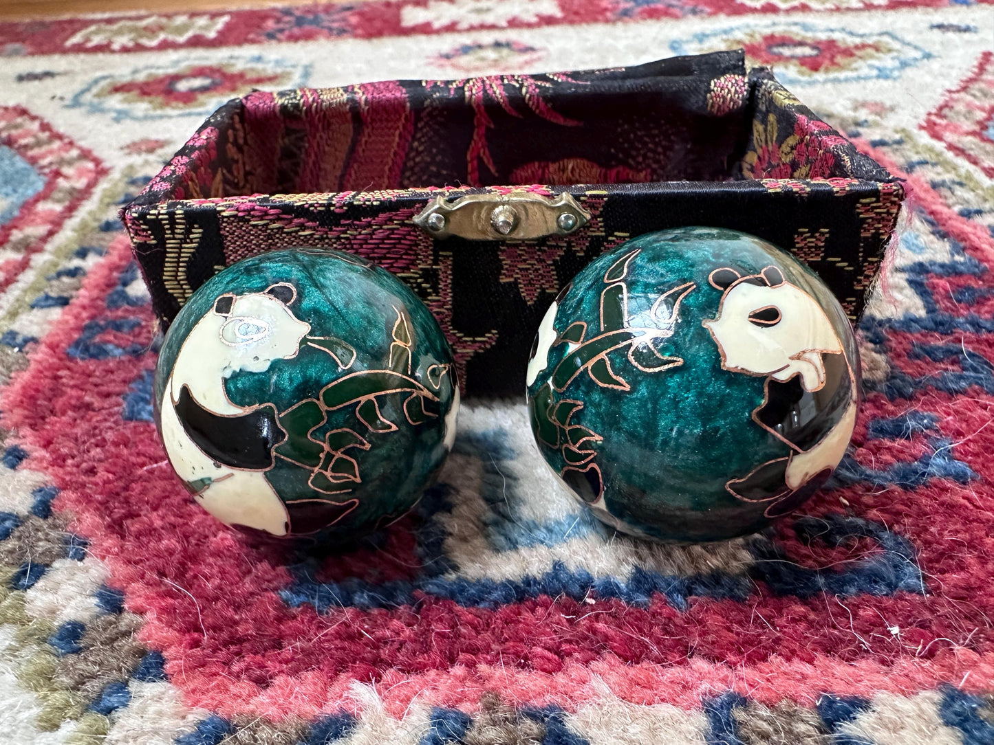 Vintage Panda Baoding Balls with Brocade Box - Chinese Stress Relief