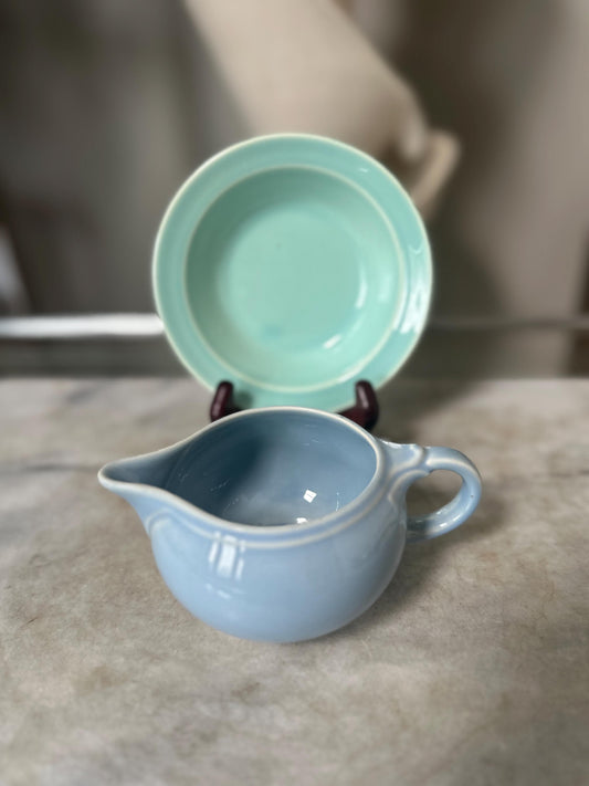 Vintage Taylor Smith & Taylor Lu-Ray Pastels Creamer and Berry Bowl Set Windsor Blue Mint Green MCM 1930s-1960s