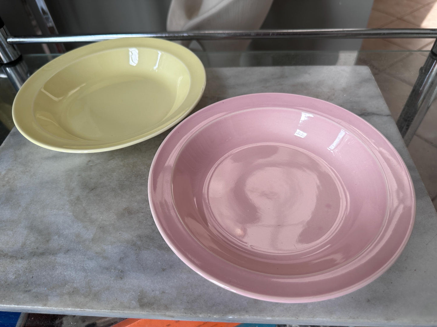 Vintage Lu-Ray Pastel Bowls Set of 2 | Mid Century Dinnerware | Yellow, Pink | 7.75”| 1048