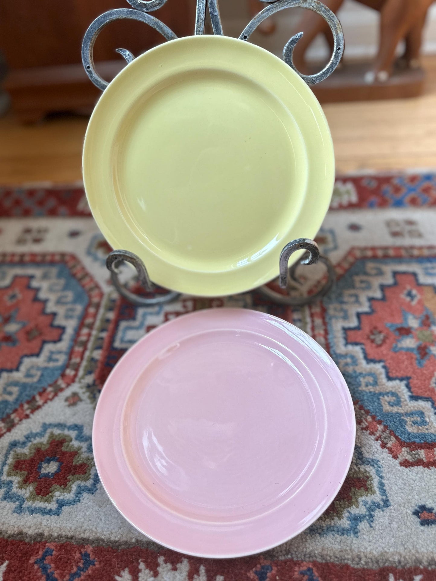 Lu-Ray Pastels Dinner Plates | Set of 2 , Mid-Century Dinnerware, 9.25”, #1248, Pink and Yellow