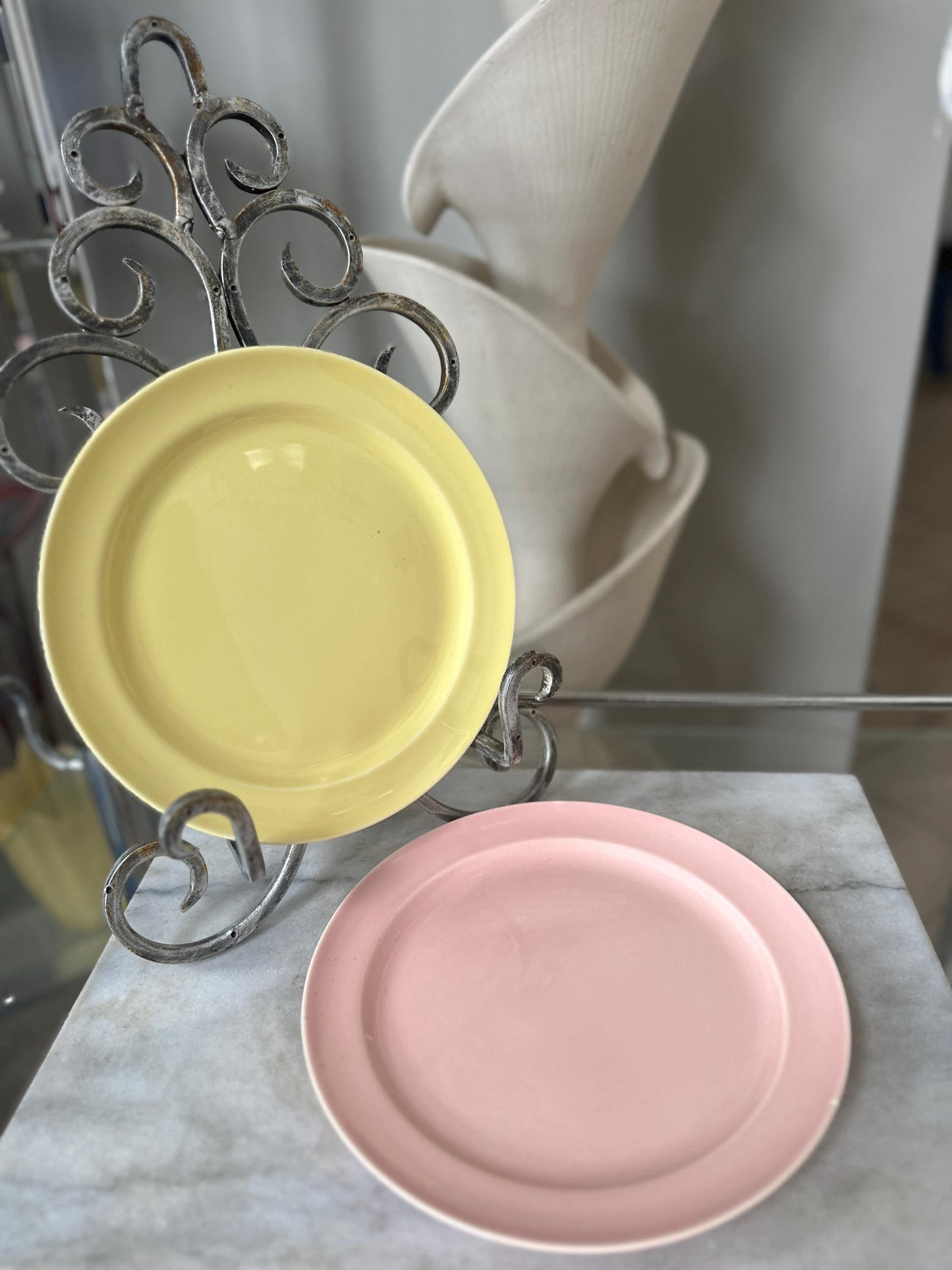 Lu-Ray Pastels Dinner Plates | Set of 2 , Mid-Century Dinnerware, 9.25”, #1248, Pink and Yellow