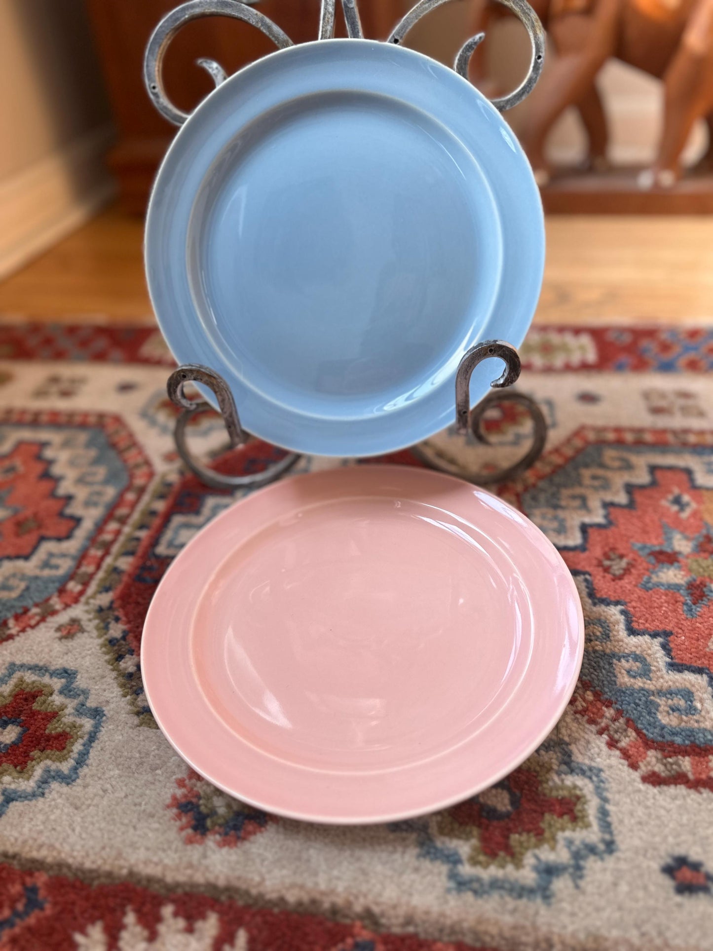 Lu-Ray Pastels Dinner Plates | Set of 2 , Mid-Century Dinnerware, 9.25”, #1248, Pink and Blue