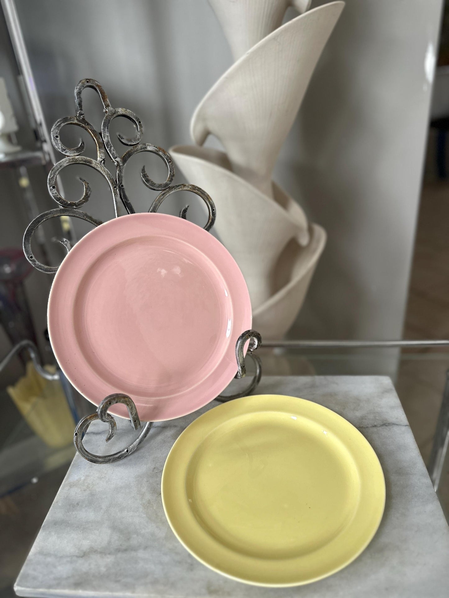 Lu-Ray Pastels Dinner Plates | Set of 2 , Mid-Century Dinnerware, 9.25”, #1248, Pink and Yellow