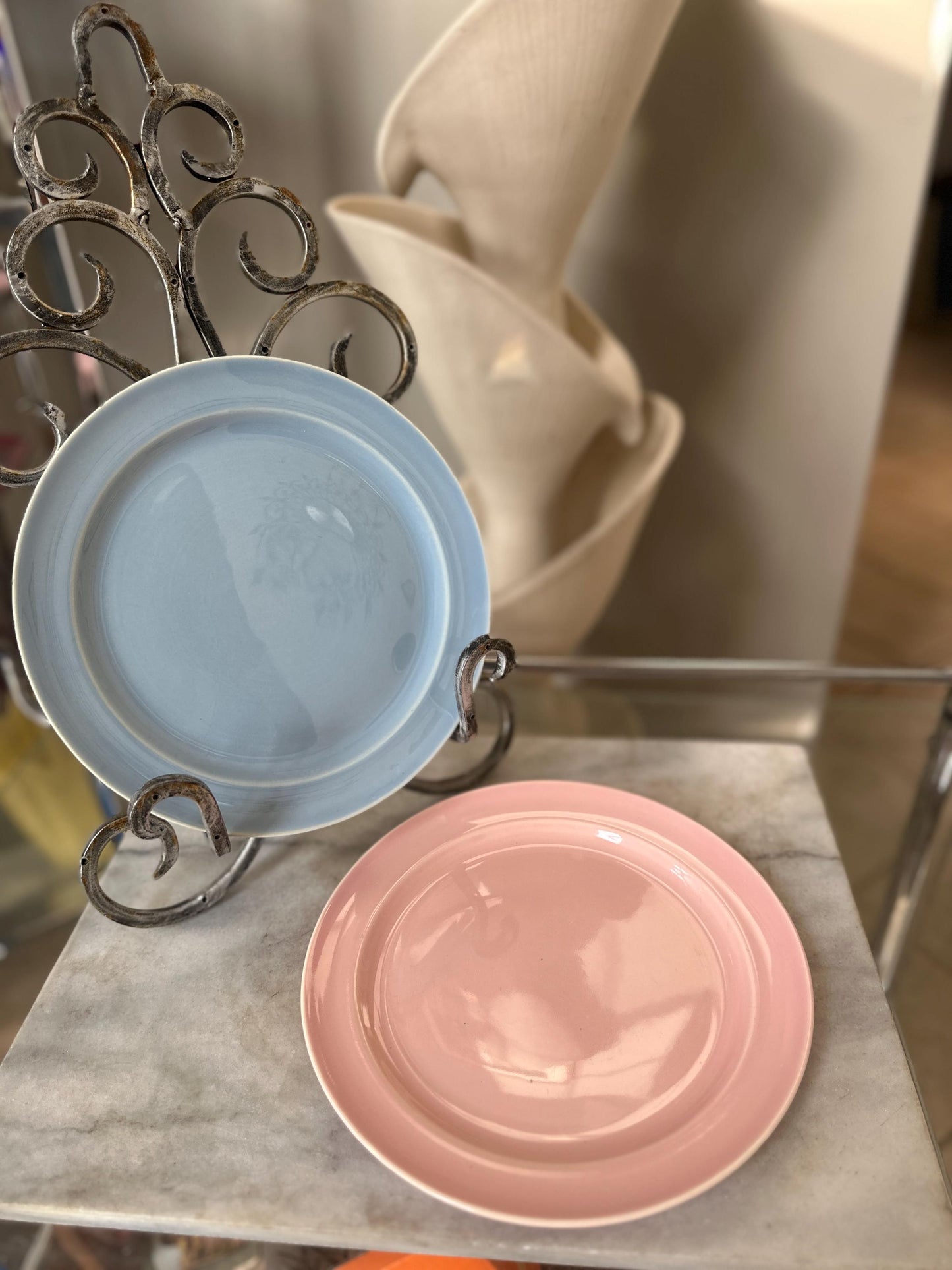Lu-Ray Pastels Dinner Plates | Set of 2 , Mid-Century Dinnerware, 9.25”, #1248, Pink and Blue
