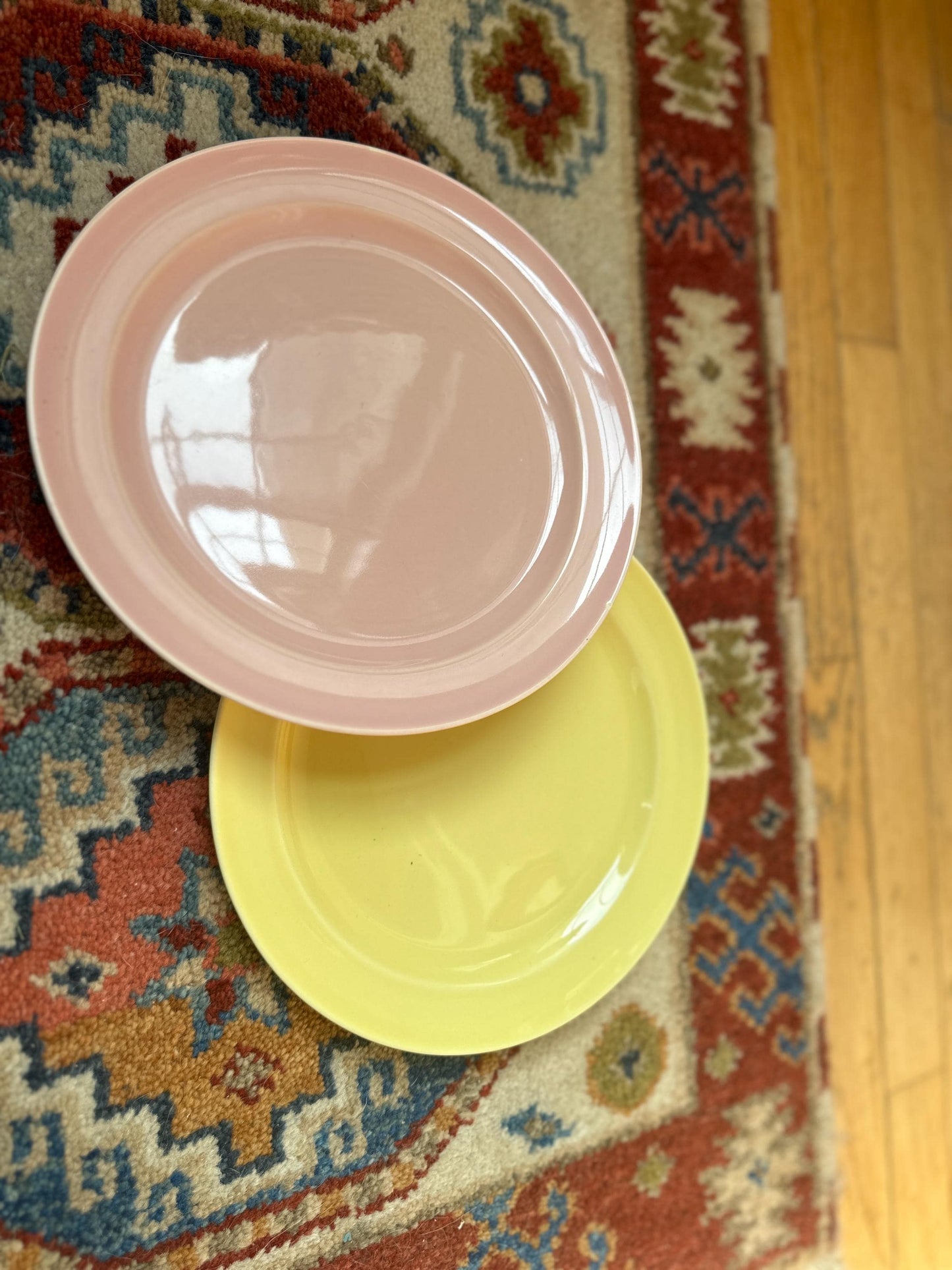 Lu-Ray Pastels Dinner Plates | Set of 2 , Mid-Century Dinnerware, 9.25”, #1248, Pink and Yellow