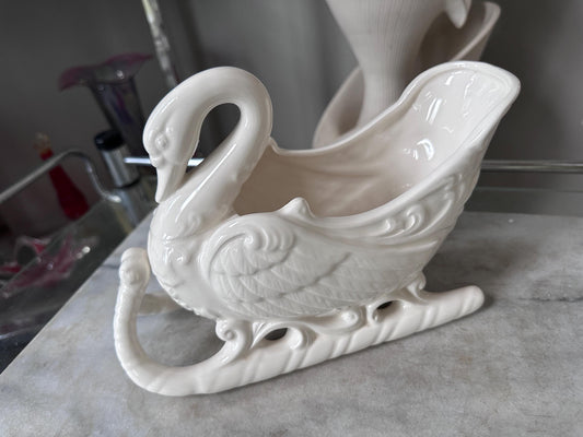 Vintage Oxford Swan Sleigh Planter #3842 | White Ceramic Swan Planter | Mid-Century Holiday Decor | Cottagecore Centerpiece | Collectible Po