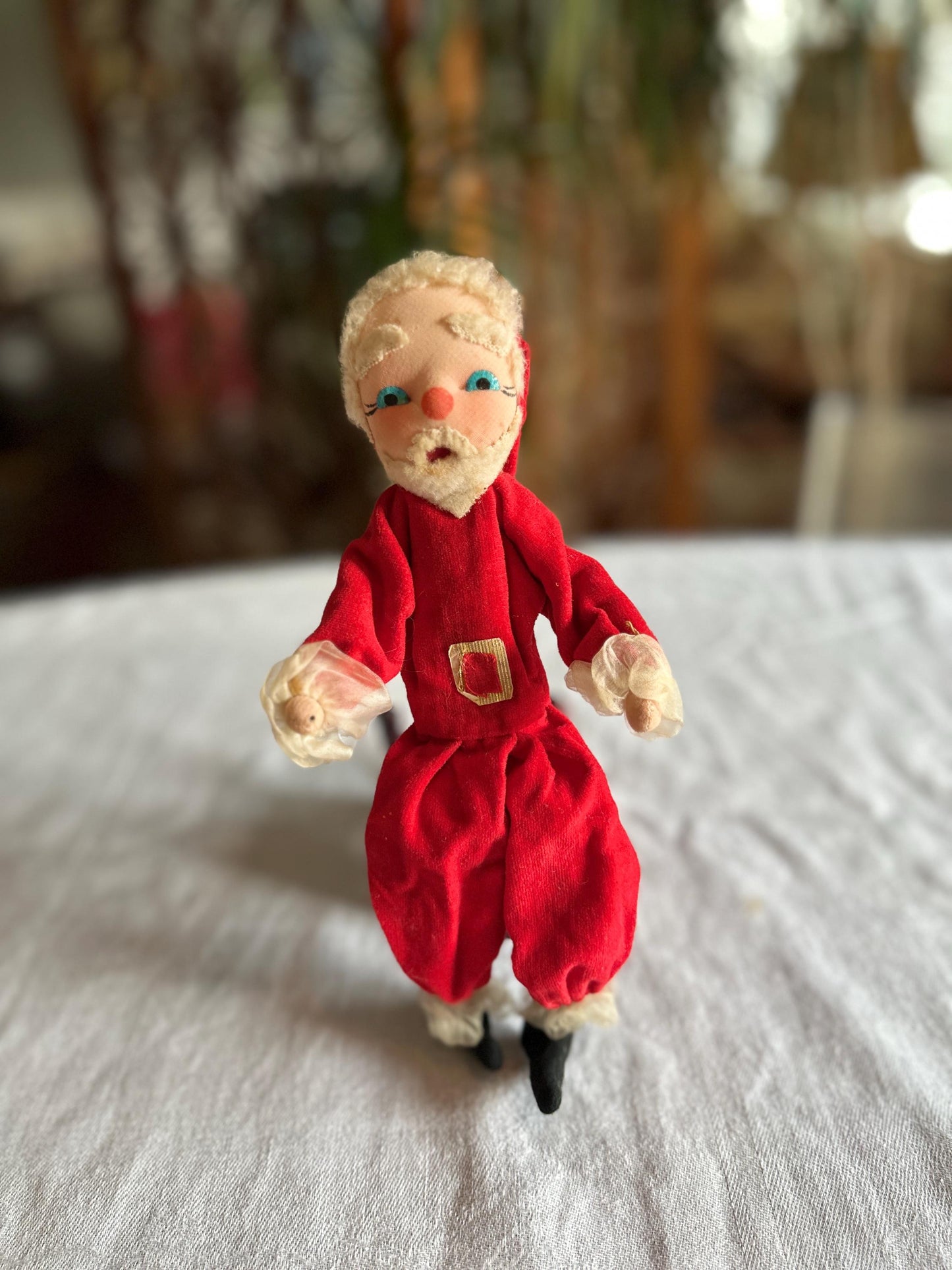 Vintage 1950s Poseable Santa Claus Christmas Doll, Blue Eyes, Cloth Faced Santa, Collectible, Kitschy Christmas
