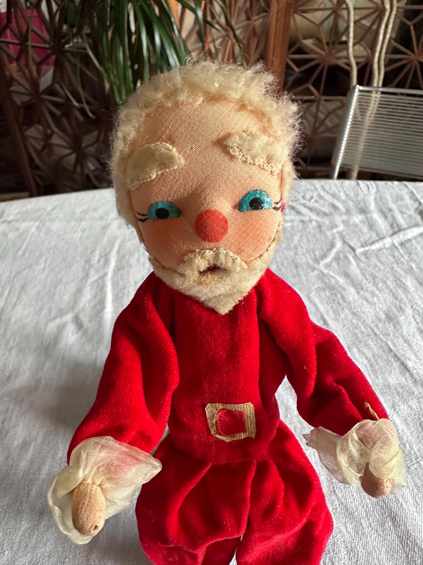 Vintage 1950s Poseable Santa Claus Christmas Doll, Blue Eyes, Cloth Faced Santa, Collectible, Kitschy Christmas