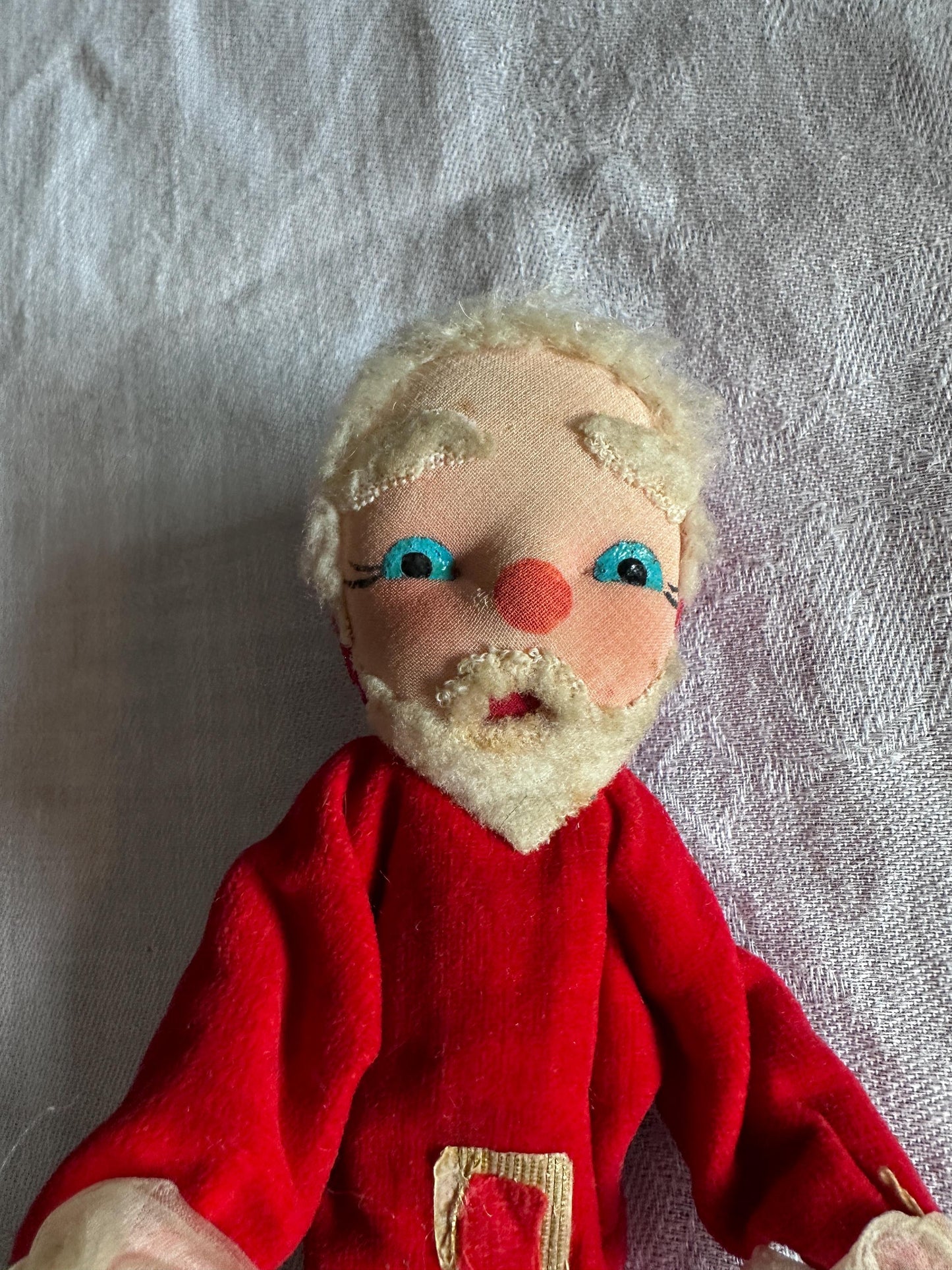 Vintage 1950s Poseable Santa Claus Christmas Doll, Blue Eyes, Cloth Faced Santa, Collectible, Kitschy Christmas