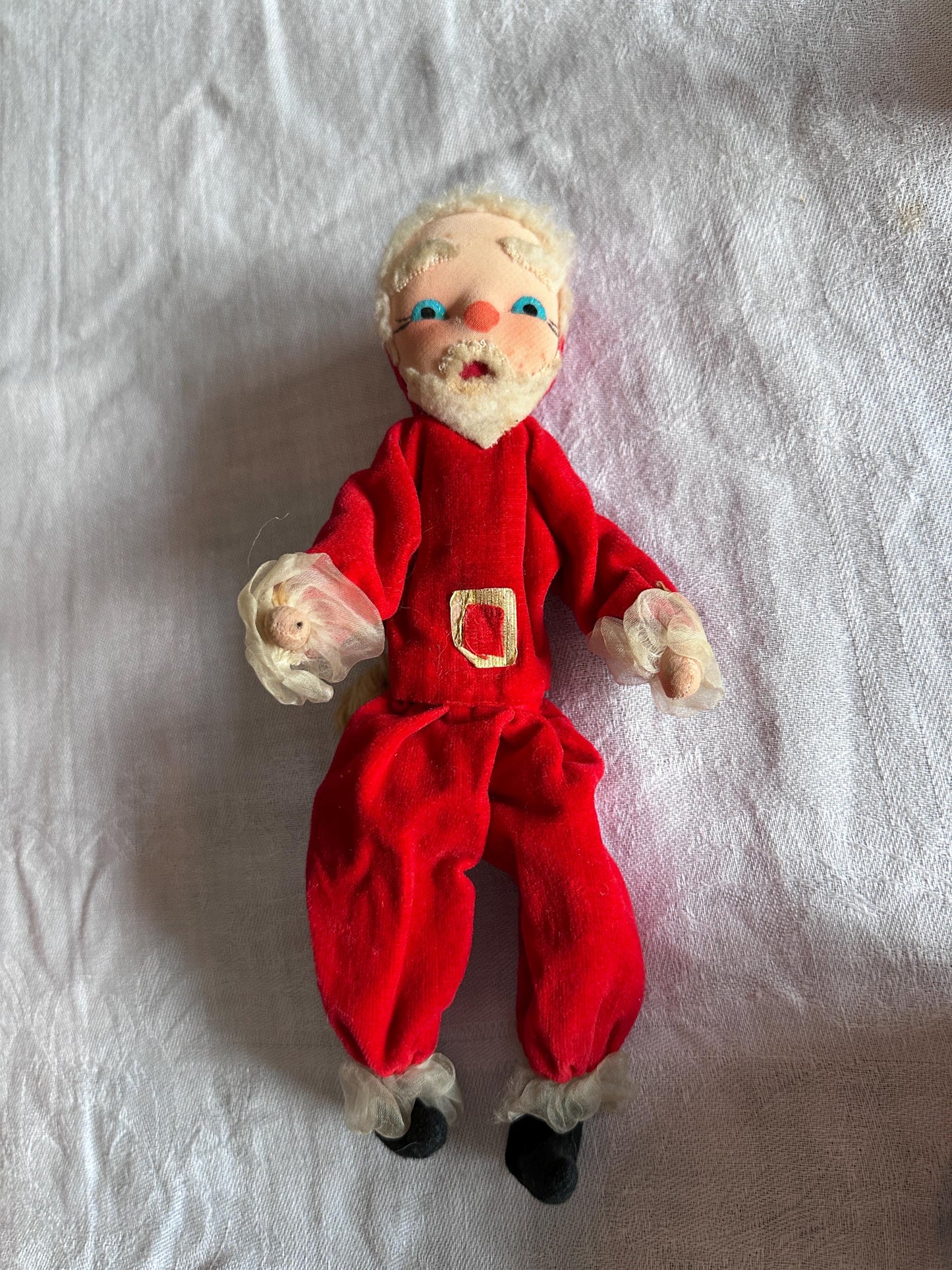 Vintage 1950s Poseable Santa Claus Christmas Doll, Blue Eyes, Cloth Faced Santa, Collectible, Kitschy Christmas