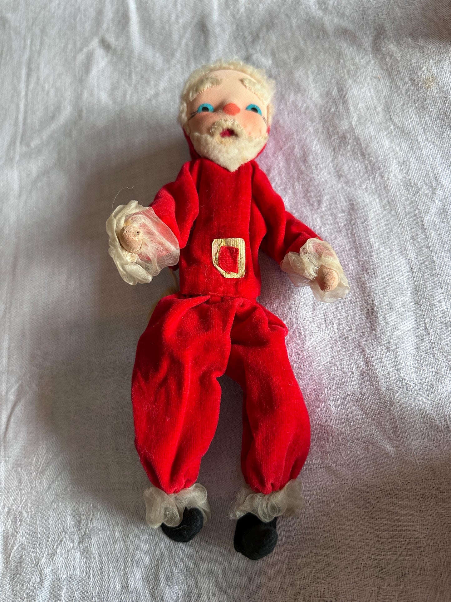 Vintage 1950s Poseable Santa Claus Christmas Doll, Blue Eyes, Cloth Faced Santa, Collectible, Kitschy Christmas
