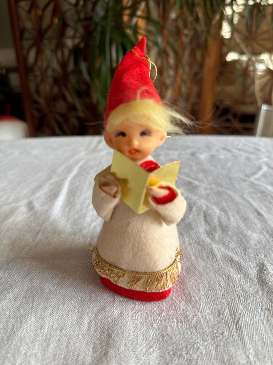 Vintage Pixie Choir Girl Christmas Ornament – Felt Elf Caroler with Songbook | Mid-Century Holiday Decor | Retro Christmas Tree Ornament