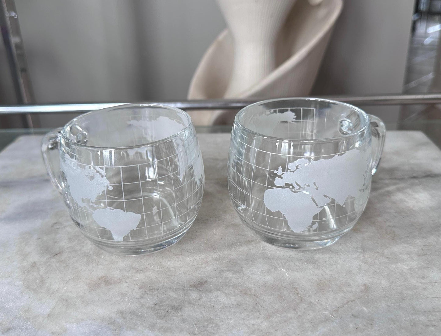 Vintage 1970s Nestle Nescafe World Globe Coffee Mugs Set of 2, Frosted Glass Map Cups, Retro Kitchen Drinkware