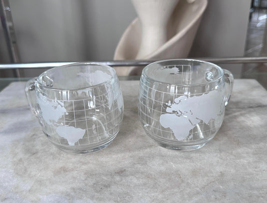 Vintage 1970s Nestle Nescafe World Globe Coffee Mugs Set of 2, Frosted Glass Map Cups, Retro Kitchen Drinkware