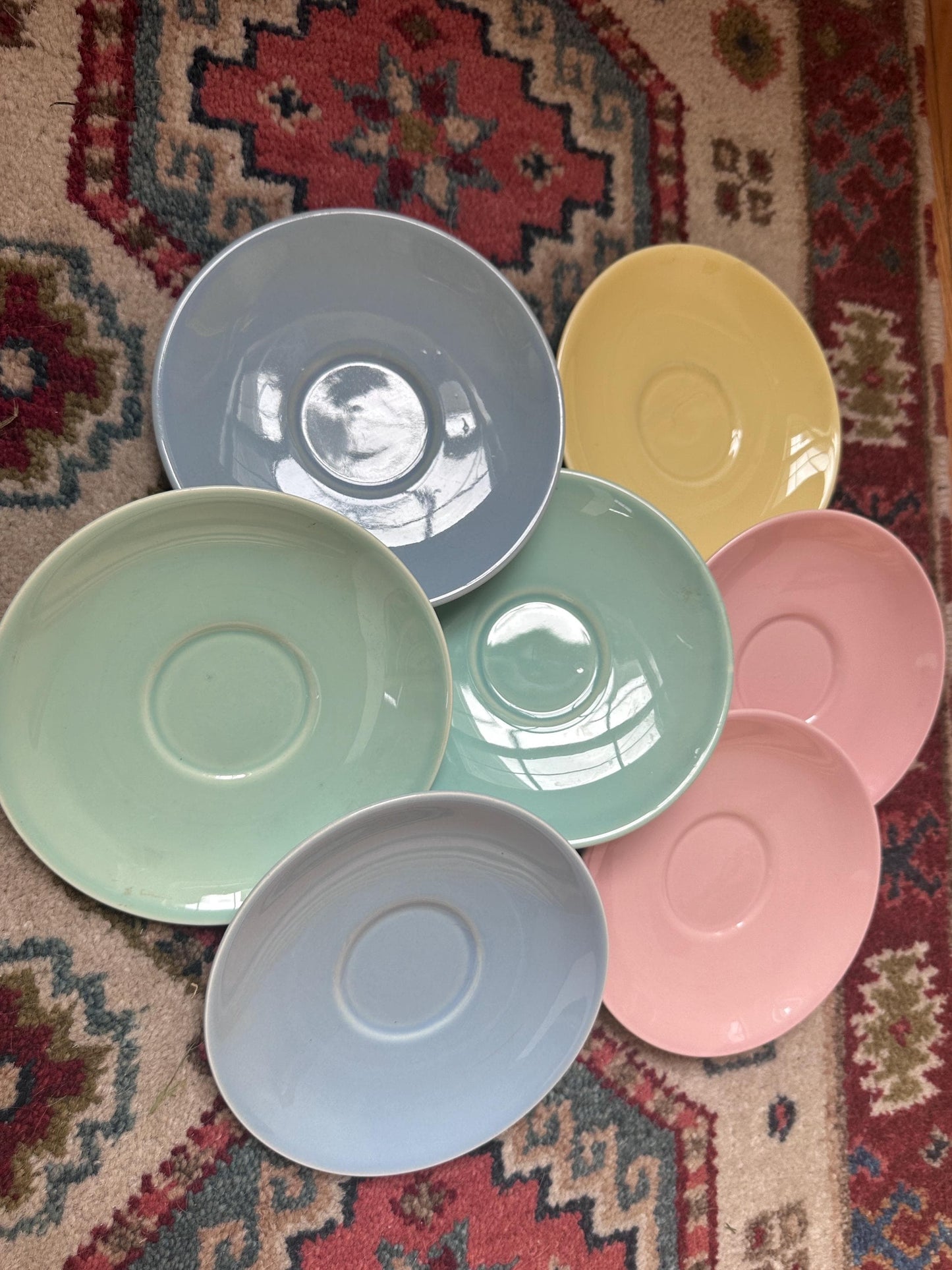Vintage Lu-Ray Pastels Saucer Plates Set of 7 Taylor Smith & Taylor 1048-1 MCM 1950s Pink Blue Green Yellow